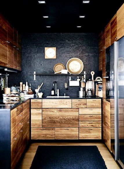 siyah ve ahşap mutfak modeli