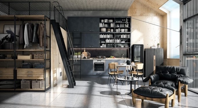 Siyah mobilya ve hafif ahşap unsurlar ile endüstriyel çatı katı mutfak