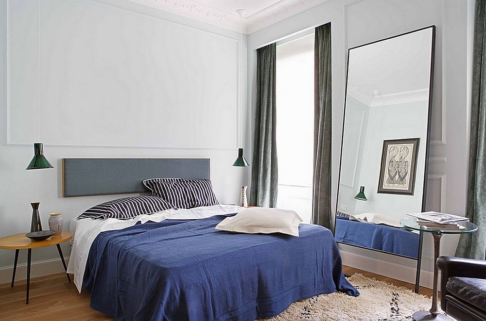 mavi ve gri tasarımlı yatak odası