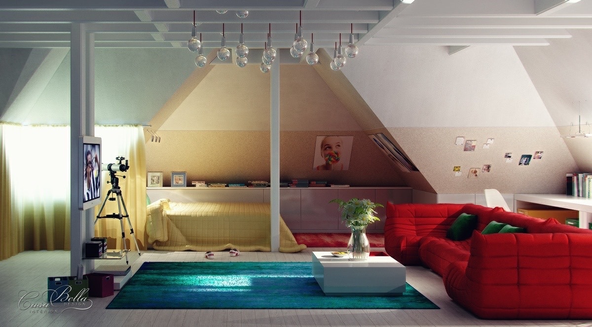 renkli çatı katı yatak odası