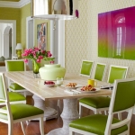 Renkli sandalyeli yemek odası