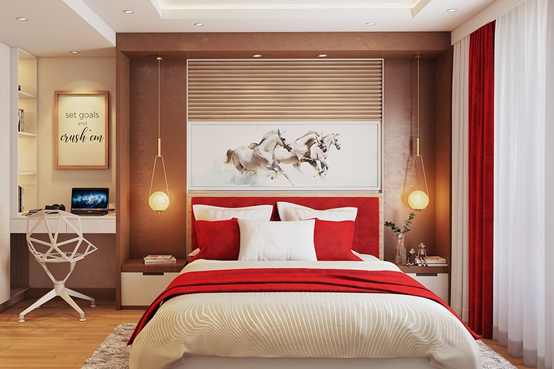 Ana yatak odası renk kombinasyonu veya kırmızı ve bakır renk paleti ile misafir odası renk kombinasyonu