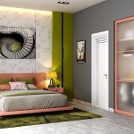 Eğlenceli bir yatak odası yapmak için şeftali ve zeytin yeşili ile yatak odası için iki renk kombinasyonu