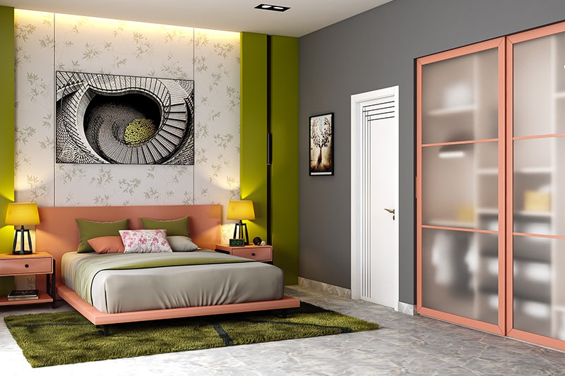 Eğlenceli bir yatak odası yapmak için şeftali ve zeytin yeşili ile yatak odası için iki renk kombinasyonu
