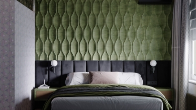 Yeşil bir yatak odası, ağır siyah destekle birleştirildiğinde şık