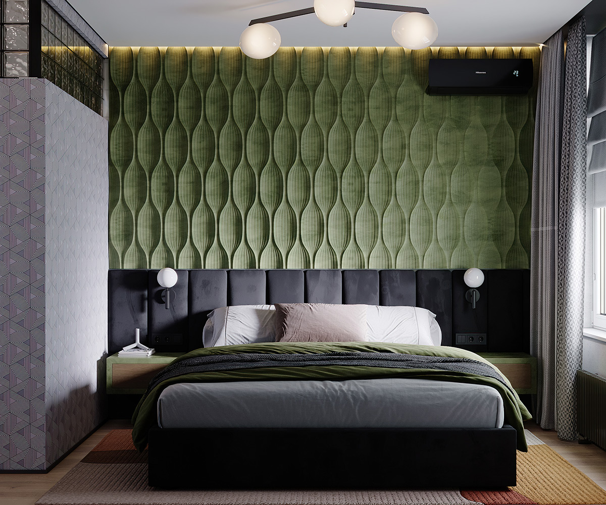 Yeşil bir yatak odası, ağır siyah destekle birleştirildiğinde şık
