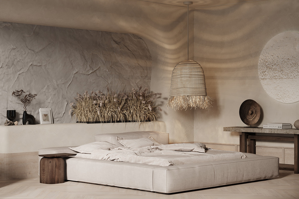 Bej ve gri, boho yatak odası dekor şeması için sakin bir palet oluşturur
