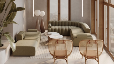 Yeşil döşemeli mobilyalar ve doğal hasır sandalyeler ile gri ortamı nazikçe hareketlendirin