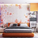 Turuncu ve morun yanmış bir varyantı ile cesur yatak odası renk kombinasyonu
