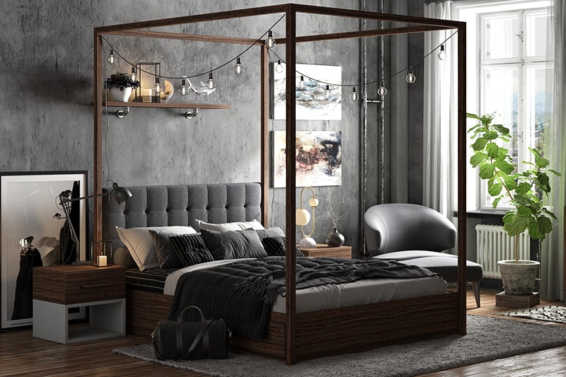 Endüstriyel yatak odası için siyah ve çelik grisi tonlarında yatak odası iç renk kombinasyonları