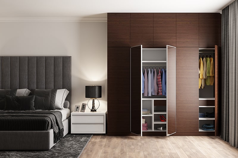 Siyah, beyaz ve çikolata kahverengi nötr renk düzeni ile yatak odası için en son renk kombinasyonu