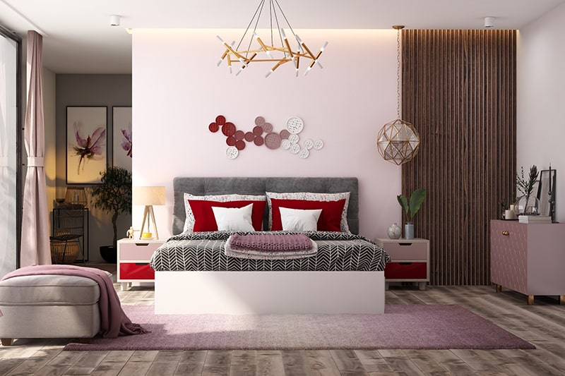 Kırmızı ve pembe tonları ile yatak odası için iki renk tonu kombinasyonu