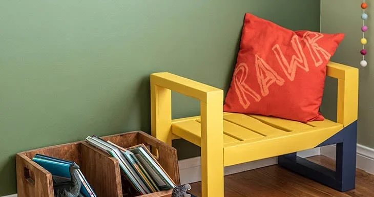 DIY çocuklar modern tezgah koltuğu kırmızı yastıkla sarıya boyanmış